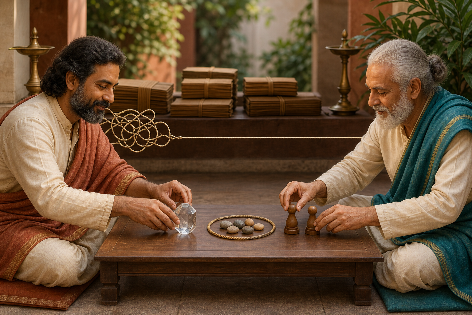 Two scholars realign a crystal, a cord around several stones, and balanced wooden tokens as tangled threads become straight behind them.