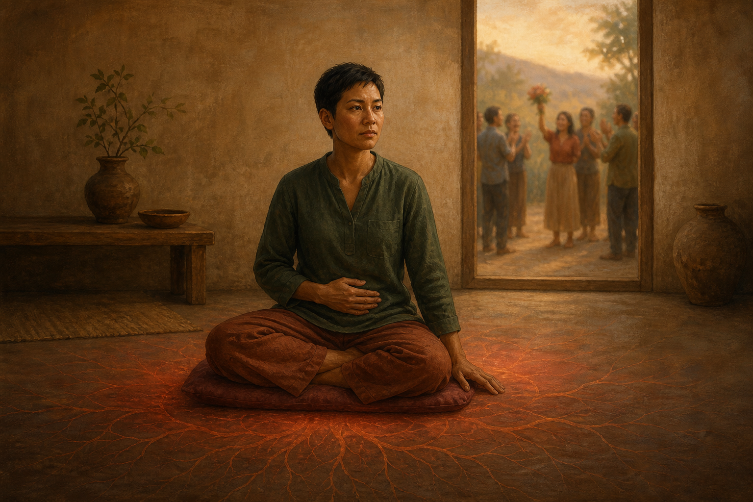A person sits on a cushion with one hand near the lower abdomen and one touching the floor while a celebration is visible through a doorway behind them.