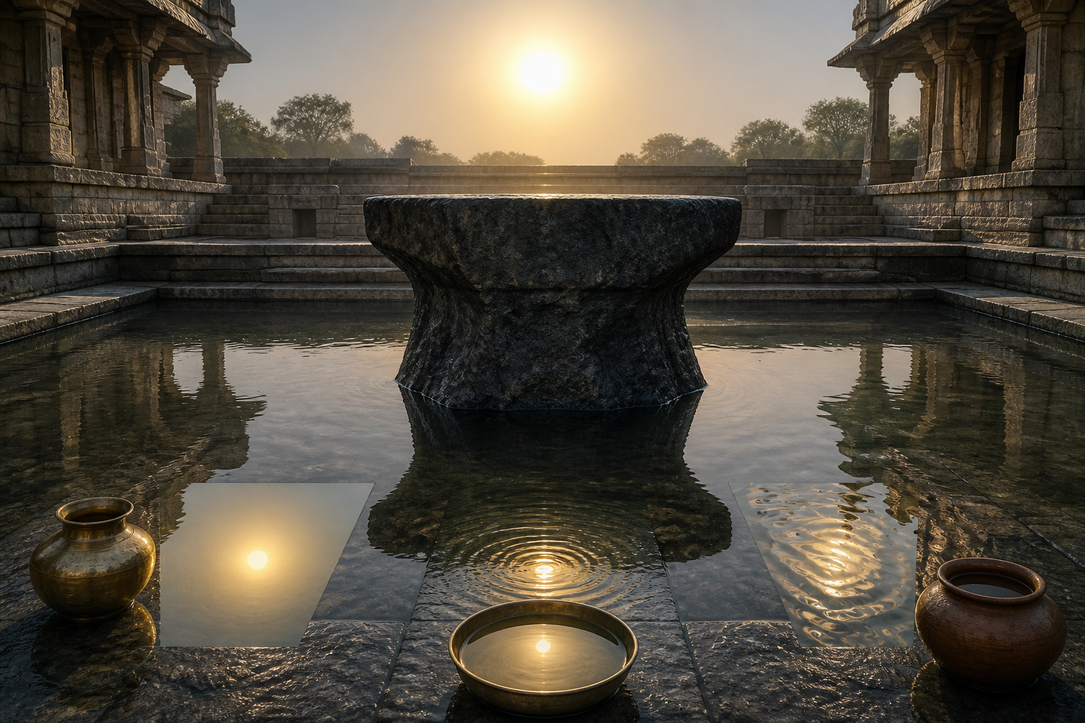 Steady sunlight falls on a solid dark rock and appears as differently shaped reflections in several vessels and rippling water.