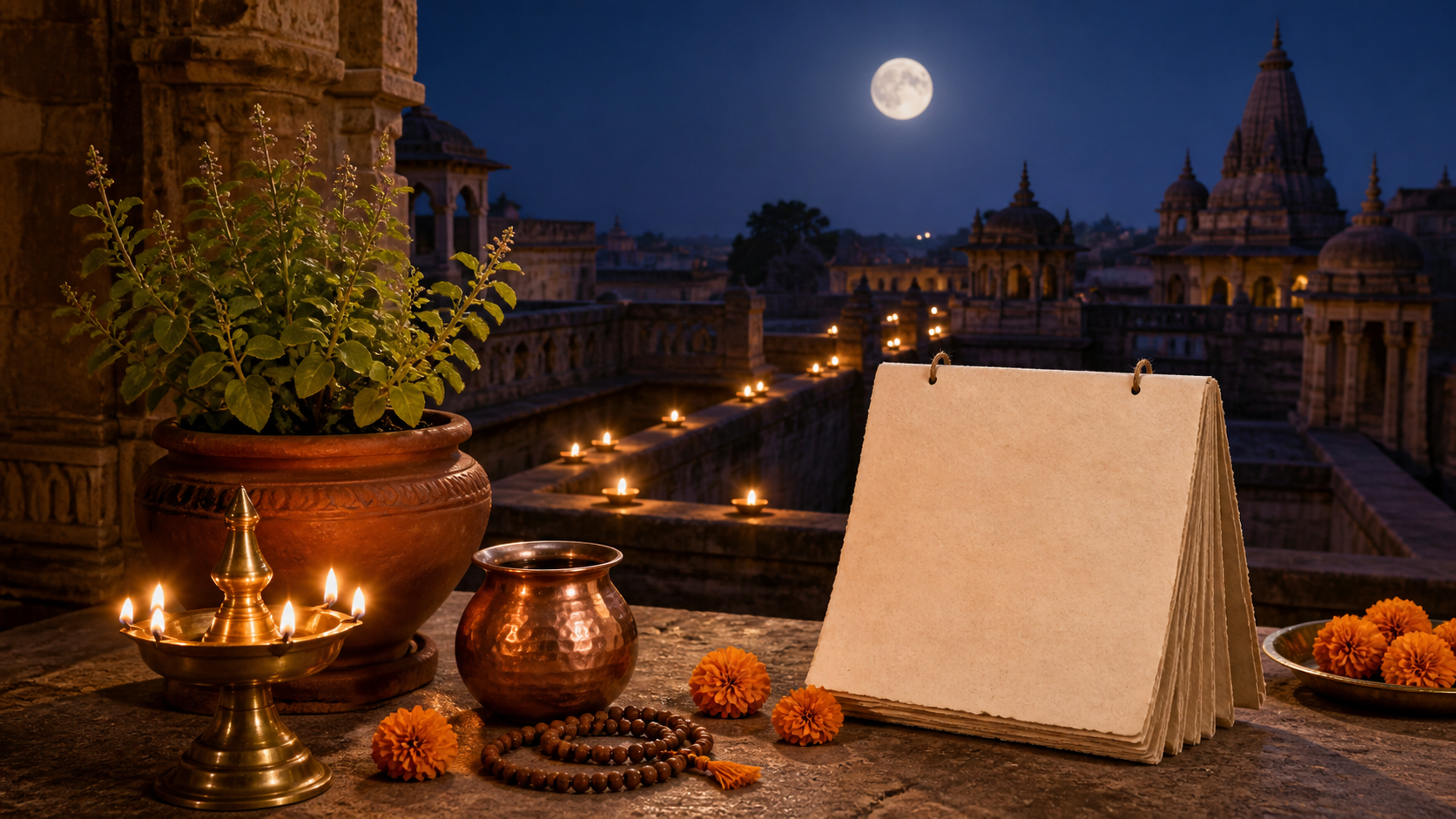 A brass oil lamp, tulsi plant, copper vessel, prayer beads and marigolds arranged beneath a full moon at twilight.