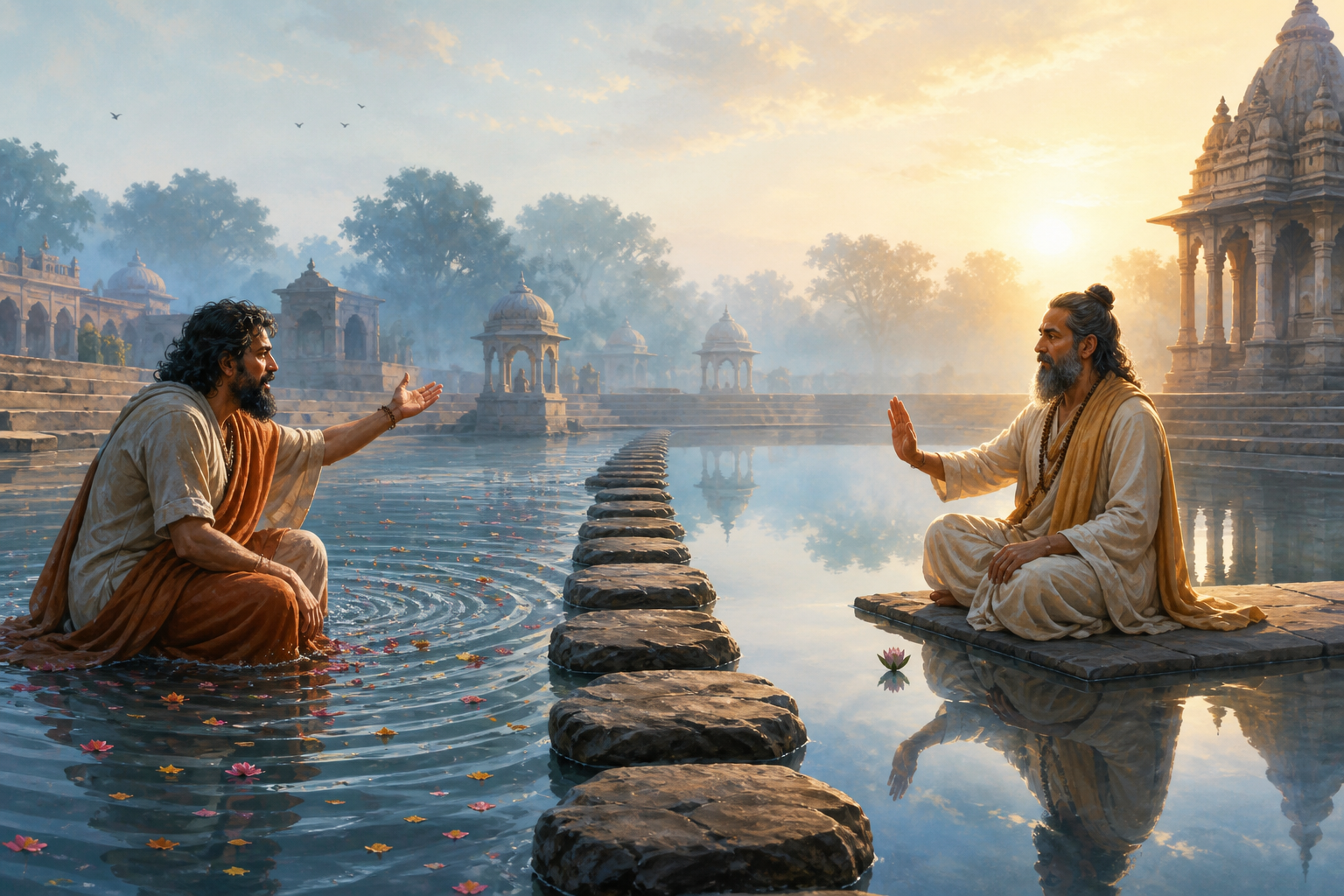 A calm philosopher raises an open hand beside a temple pond while another speaker's gesture disturbs the water with ripples and petals.