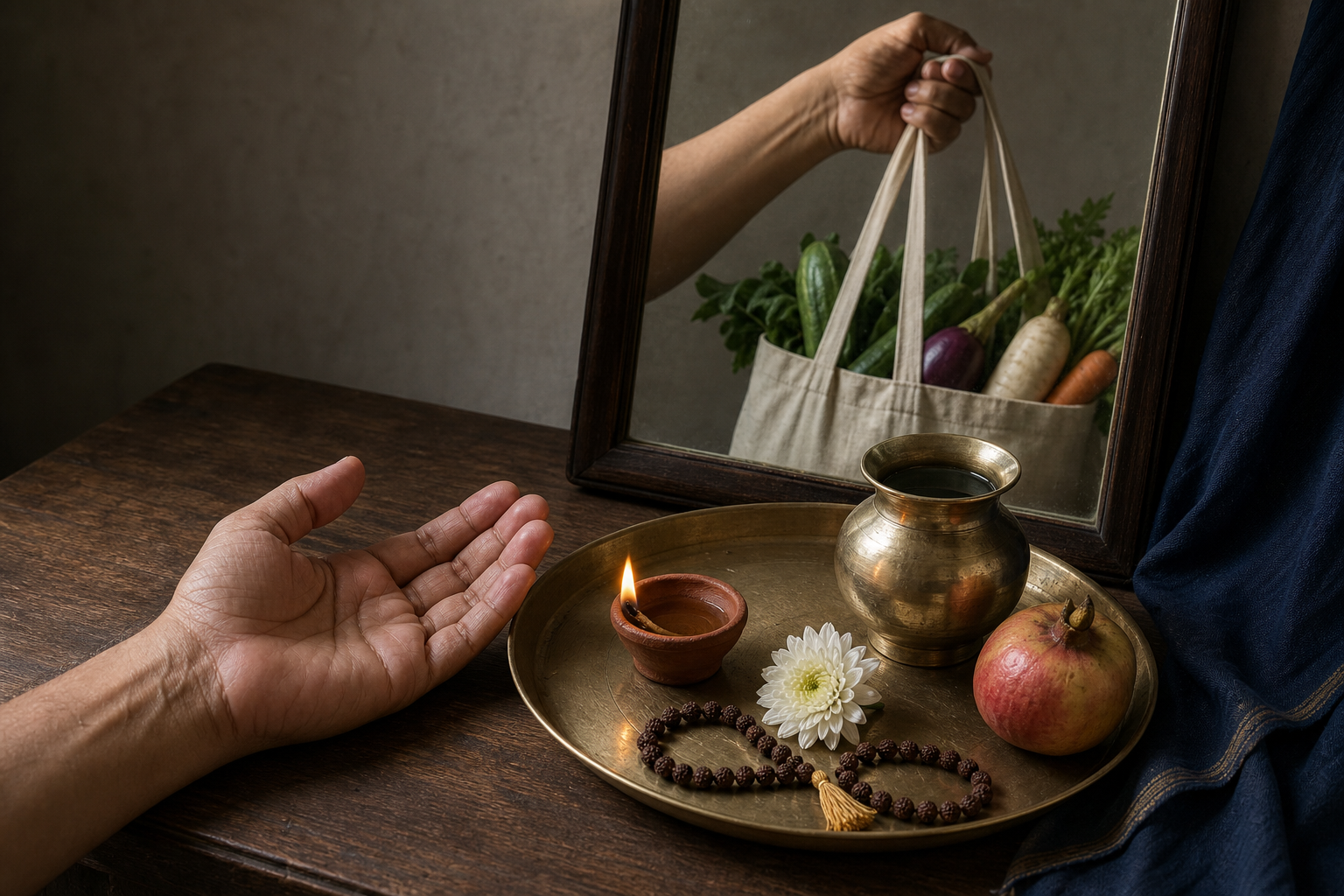 A worshipper leaves a shrine and offers a cup of water to a tired worker at a public tap.