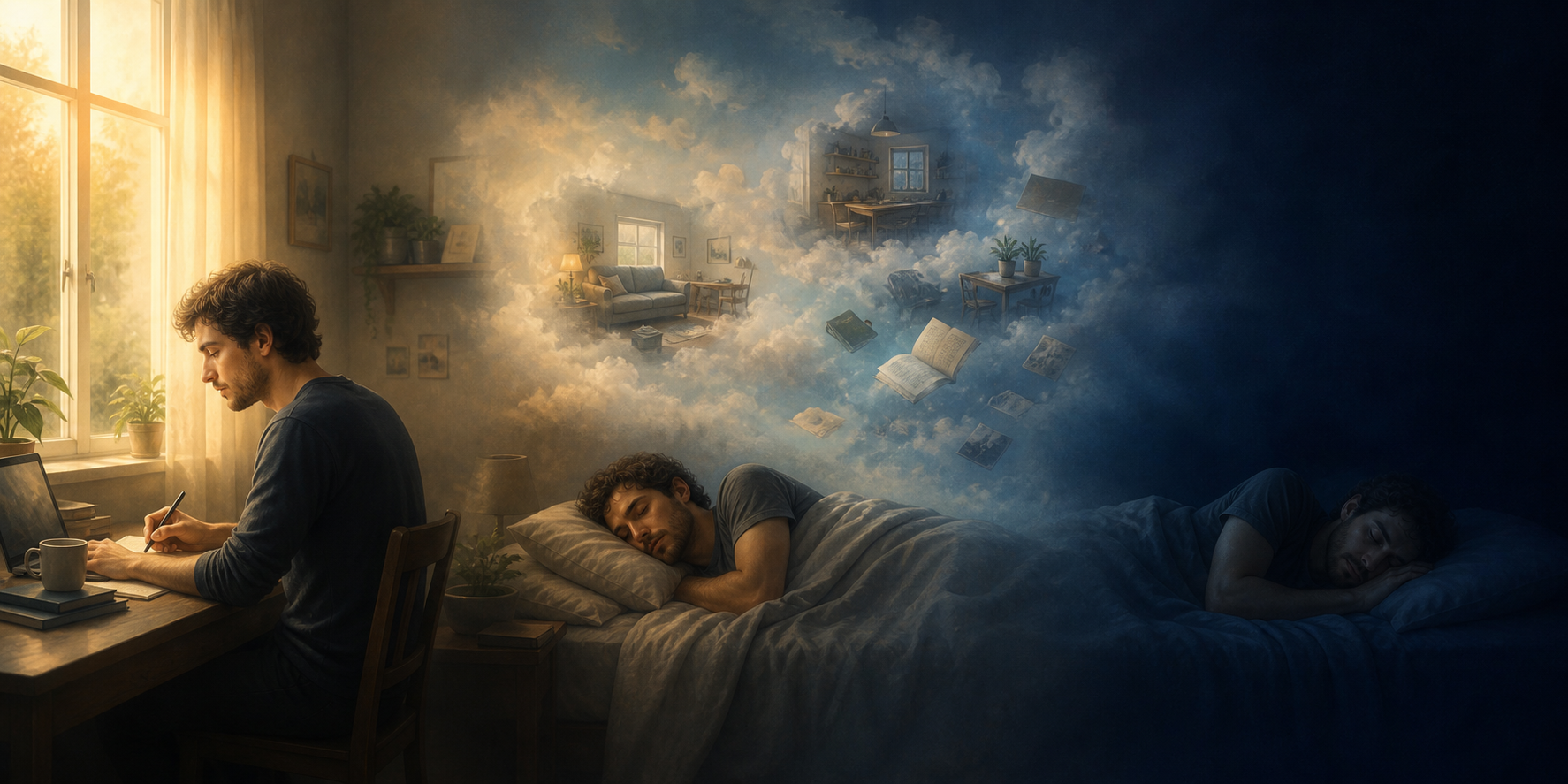 One person appears awake at a desk, asleep beneath dream imagery, and resting in a dark dreamless scene across three connected spaces.