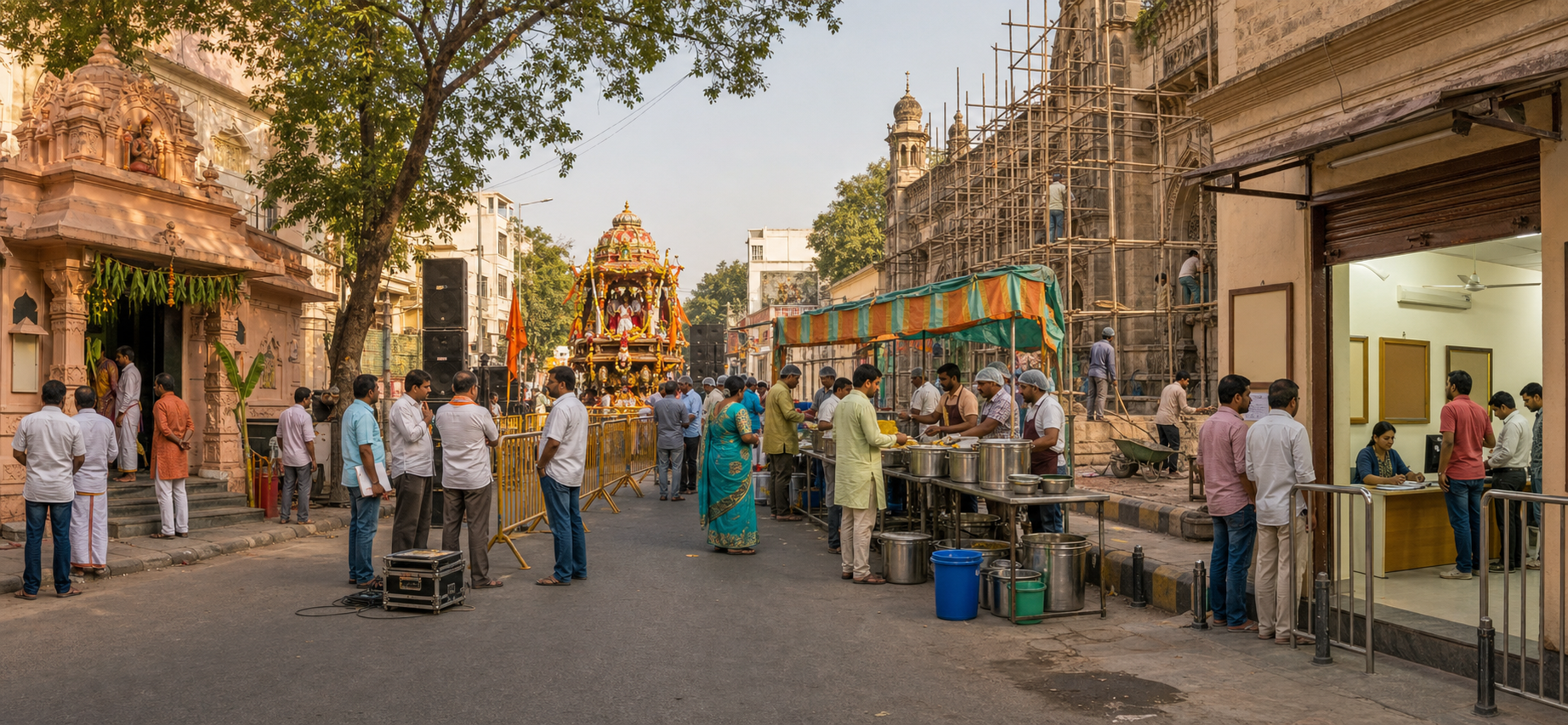 A Hyderabad streetscape connects a temple, festival route, charity area, heritage site, and municipal permit office where community organisers observe civic procedures.