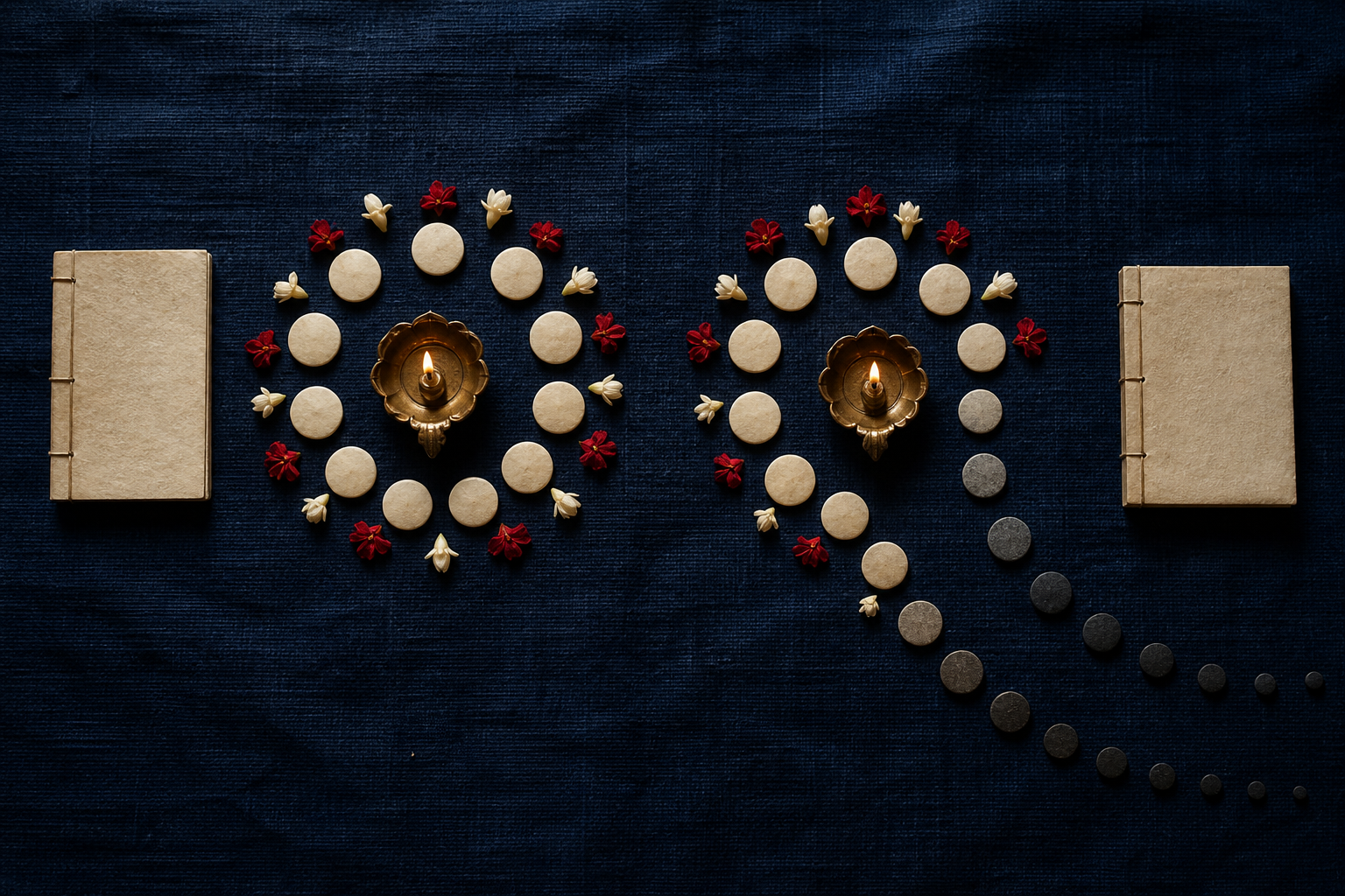 Two side-by-side devotional arrangements use lamps and light-to-dark moonlike discs to suggest different ways of marking a lunar month.