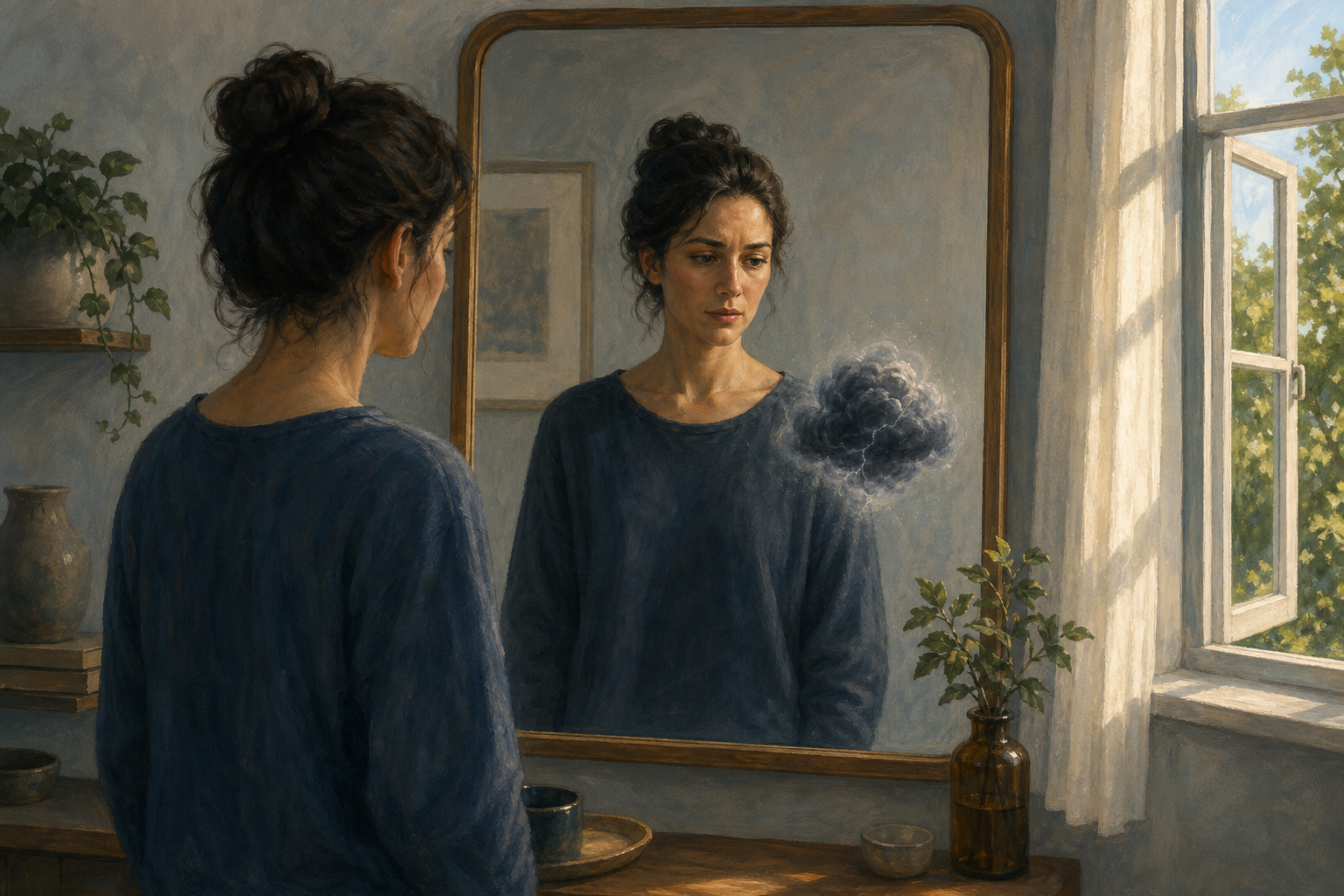 A person calmly looks into a mirror where a small storm-like knot appears near the chest but remains separate from the rest of the reflection.
