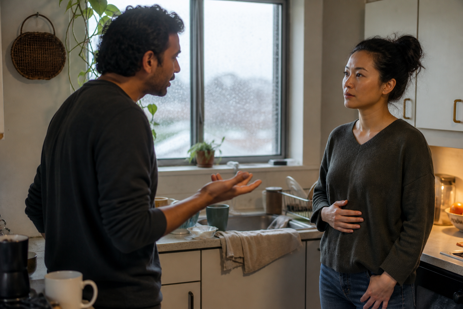 Two adults have a tense conversation in a kitchen while one pauses calmly beside a steaming cup and rain-streaked window.
