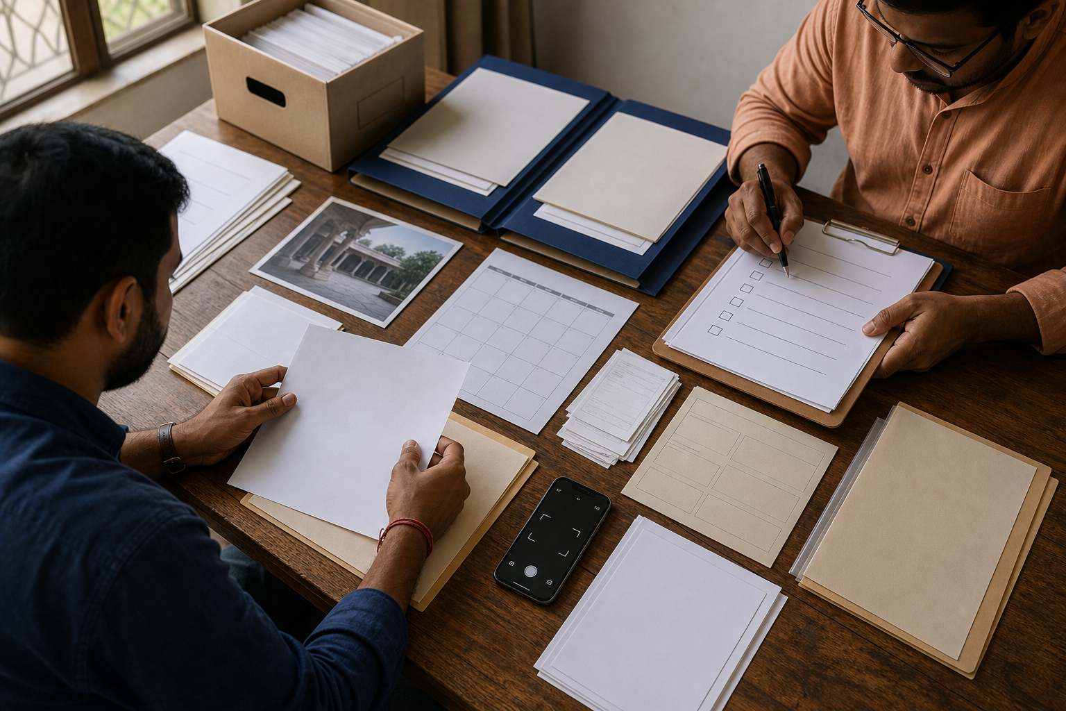 Two community volunteers organize letters, permits, receipts, photographs, and comparison folders into a documented evidence file.