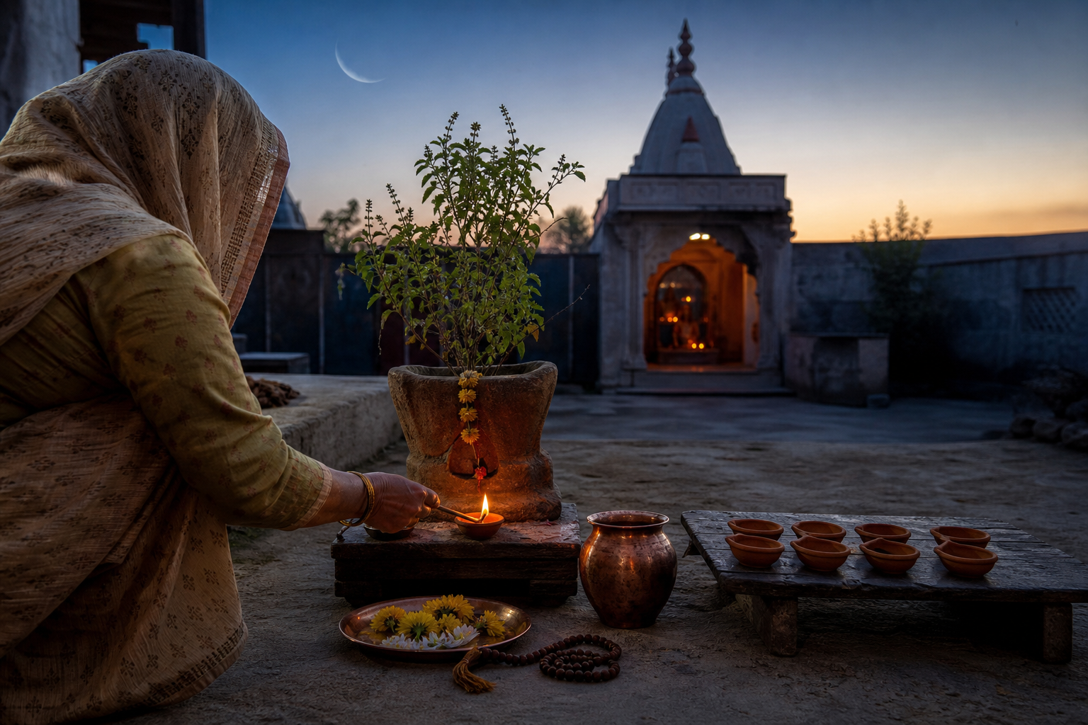 A person lights a clay lamp beside a tulsi plant in a courtyard with a copper vessel, flowers and prayer beads at dawn.