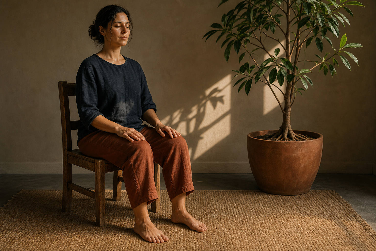 A seated person rests both feet on a woven mat beside a potted plant, maintaining an upright and relaxed posture in warm sunlight.