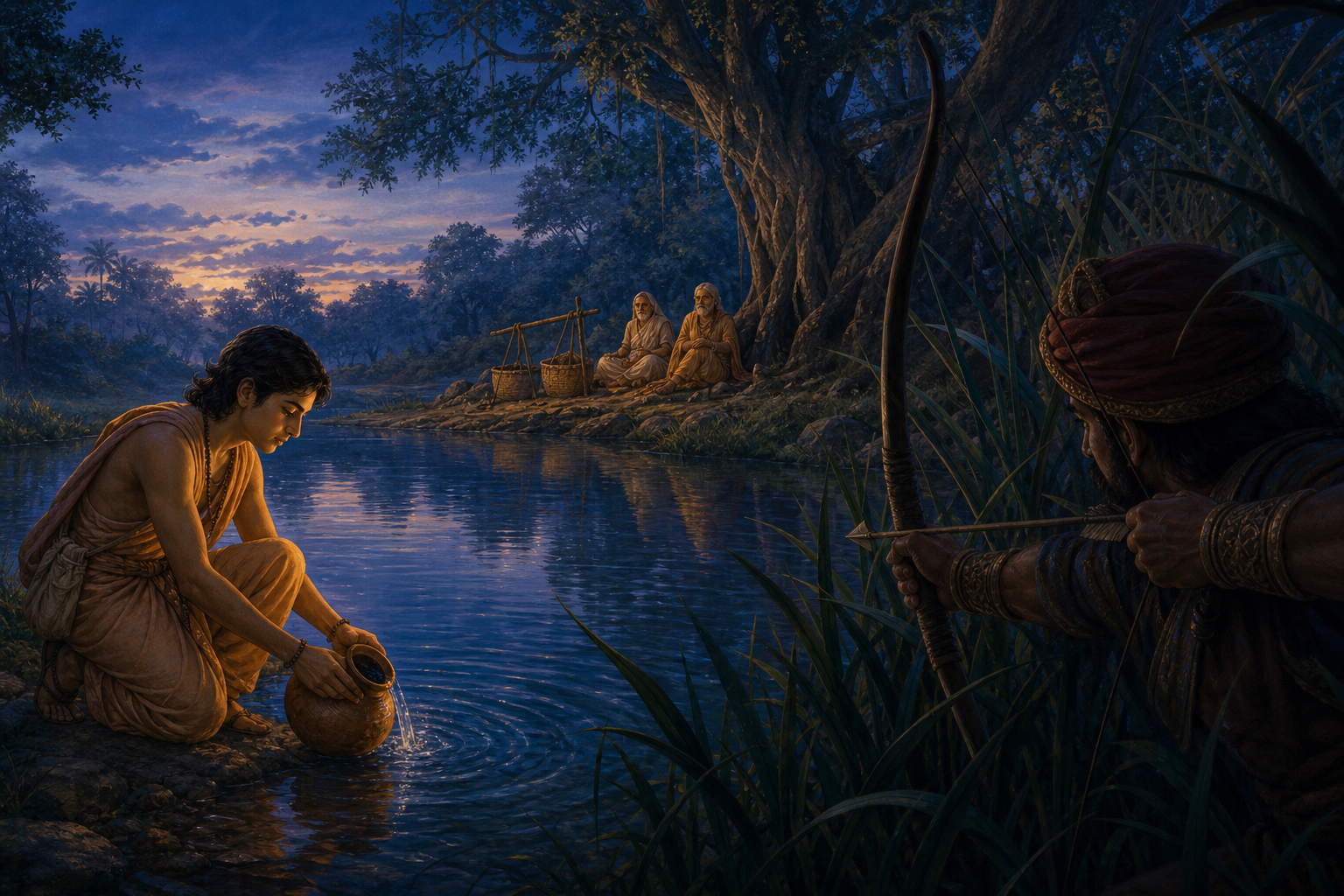 Shravana Kumara fills a clay water vessel at a forest pool while a concealed royal hunter draws a bow toward the sound and his blind parents wait in the distance.