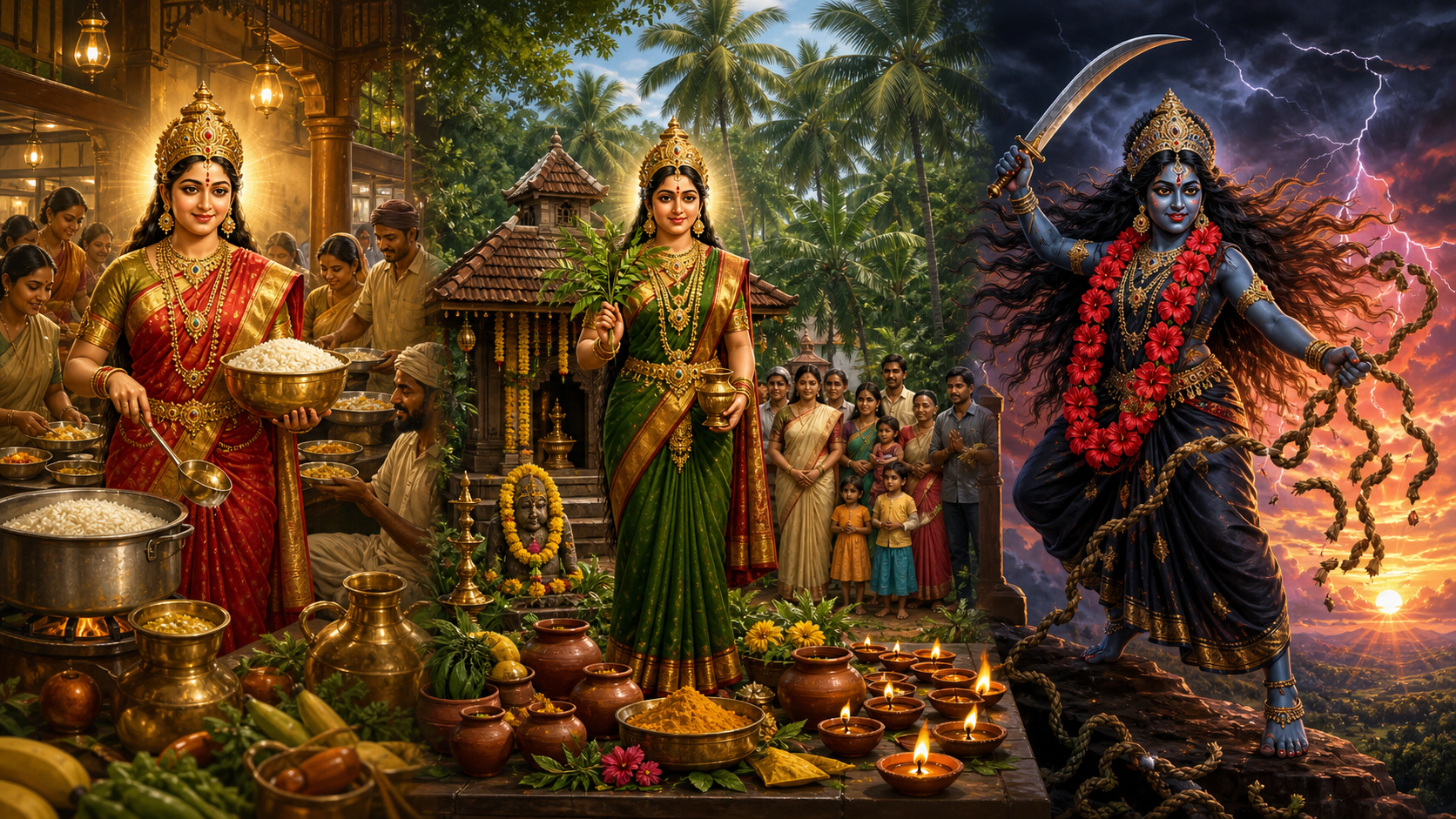 Annapurna serves food in a community kitchen, Vasoorimala guards a lamp-lit sacred grove, and Kali cuts binding ropes against a stormy dawn.