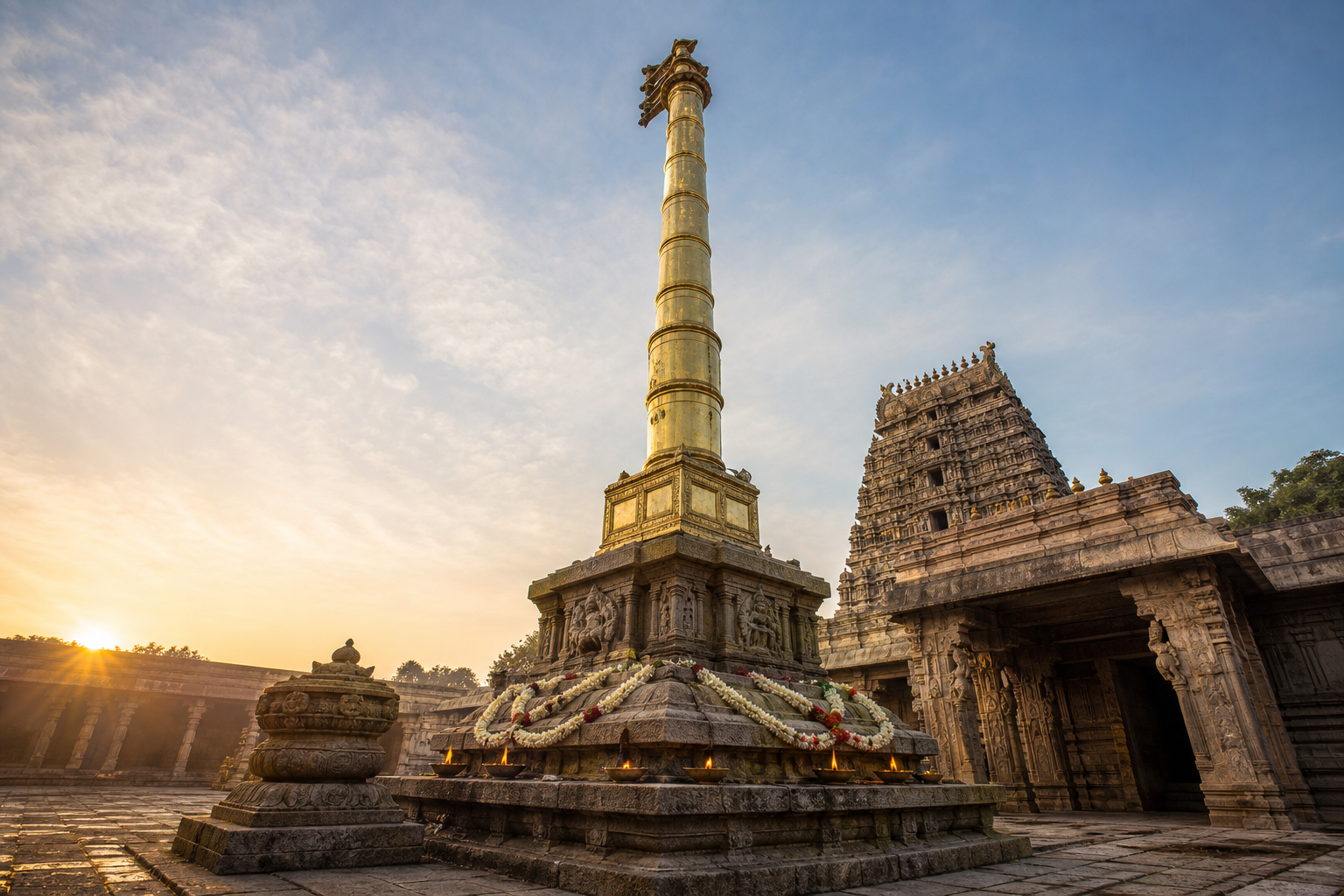 A consecrated flagstaff, decorated pedestal, offering platform, and shrine entrance align along the central axis of a South Indian temple courtyard.