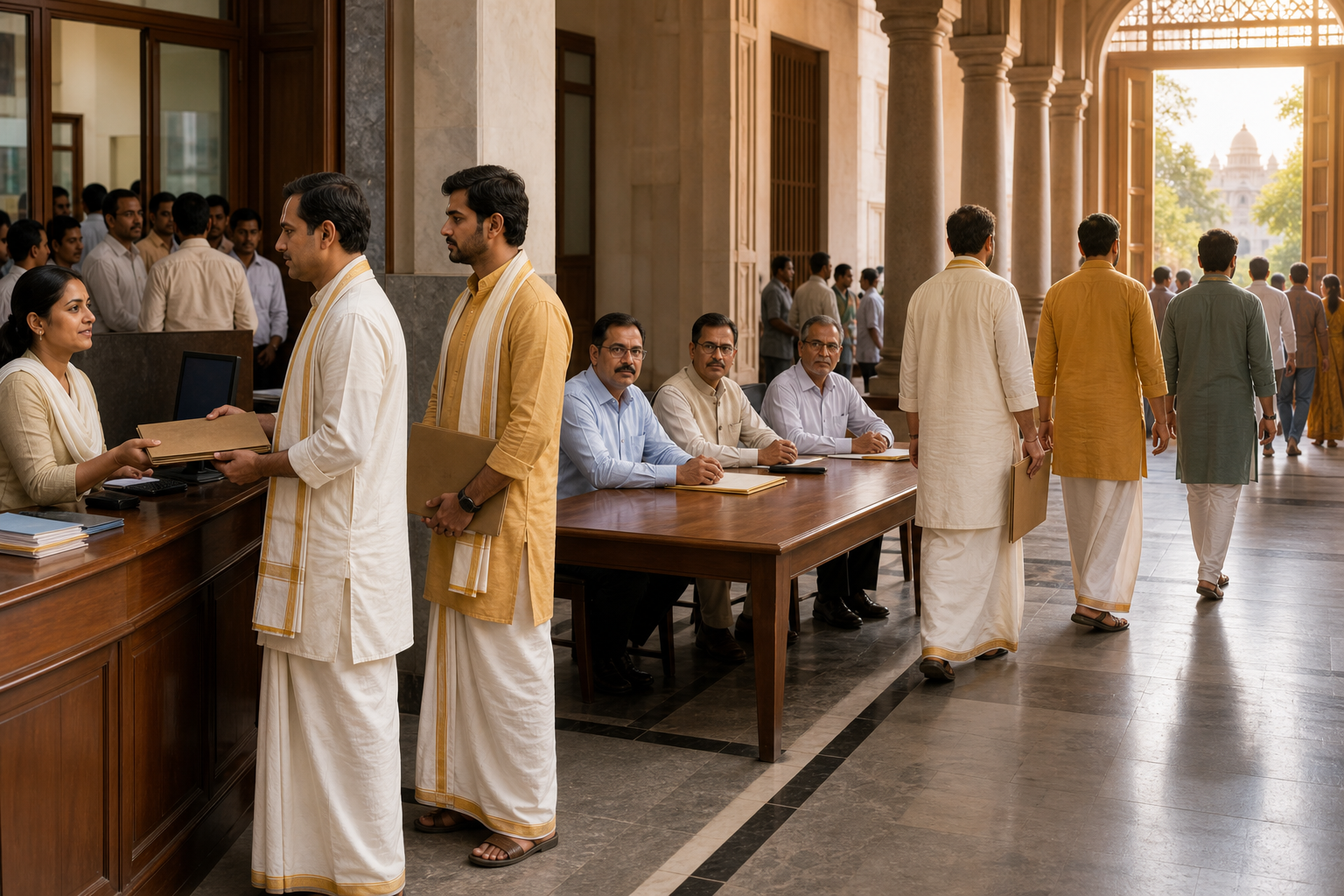 A temple representative and community volunteers carry an evidence folder from an administrative desk to official review and a courthouse corridor.