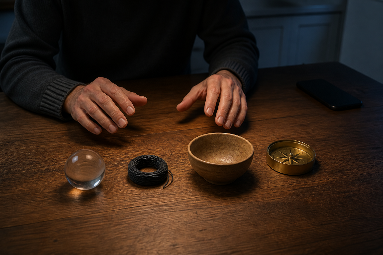 A person pauses over four objects arranged on a table beside a face-down phone: a glass sphere, dark thread, an empty bowl, and a compass.