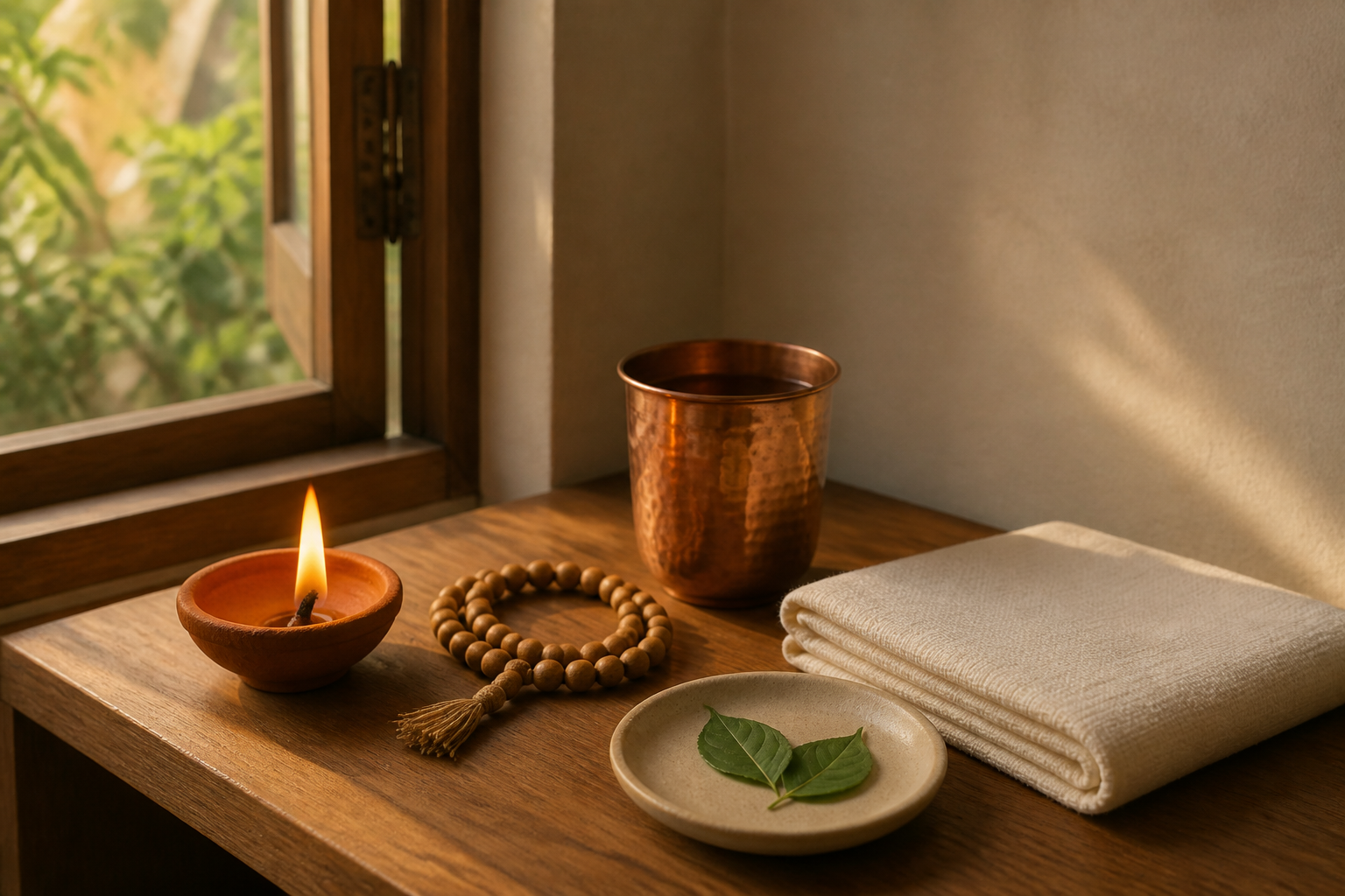 A simple home practice shelf holds one lit clay lamp, prayer beads, water, tulsi leaves and a folded sitting cloth.
