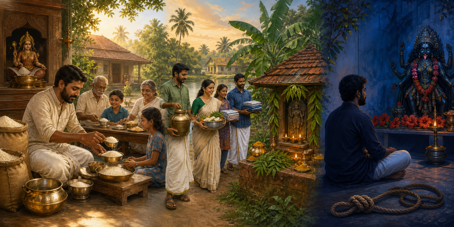 Three scenes show devotees serving food, supporting a household during illness, and meditating before a Kali altar with a loosened rope nearby.