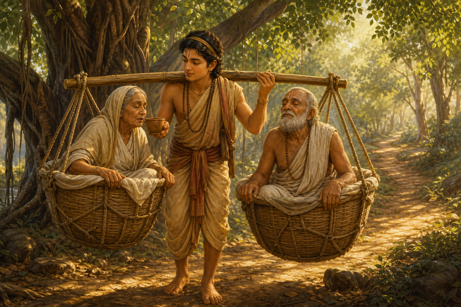 Shravana Kumara pauses on a forest pilgrimage to give water to one of his blind parents, whom he carries in woven baskets balanced on a shoulder-yoke.