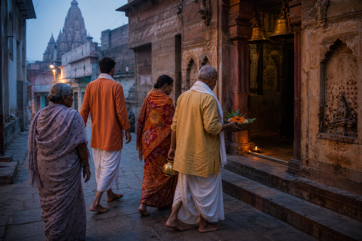 Pilgrims carrying a brass water vessel and flower offerings walk through a narrow Varanasi lane toward a temple at dawn.