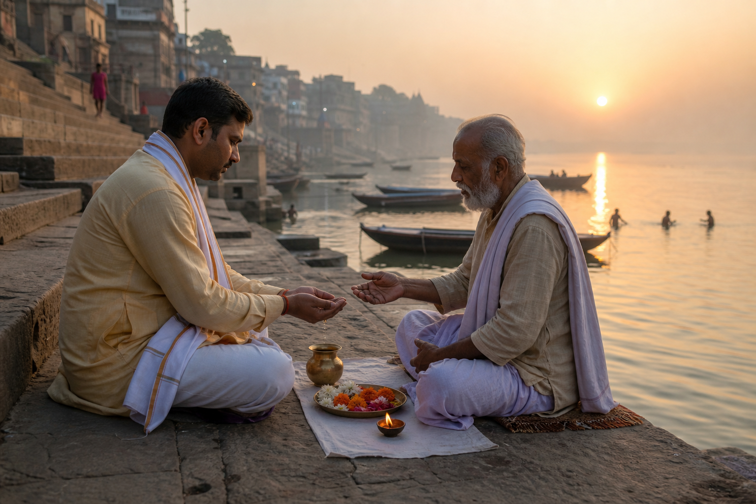 A pilgrim and priest perform a sunrise sankalpa with water, flowers, and a lamp on the steps of a Varanasi ghat.
