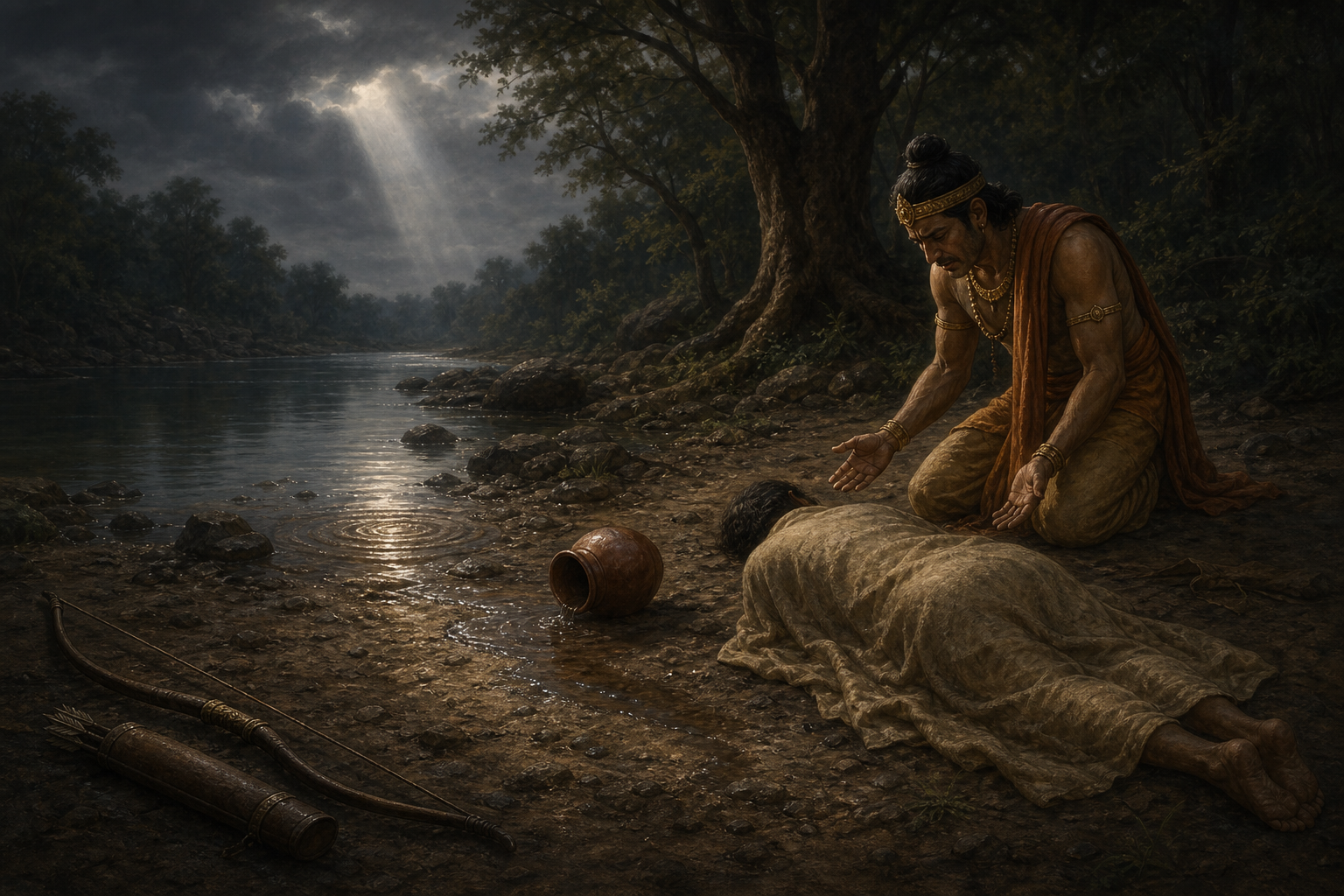 A remorseful King Dasharatha kneels beside the motionless Shravana Kumara near a tipped water vessel, with his bow and arrows placed on the ground.