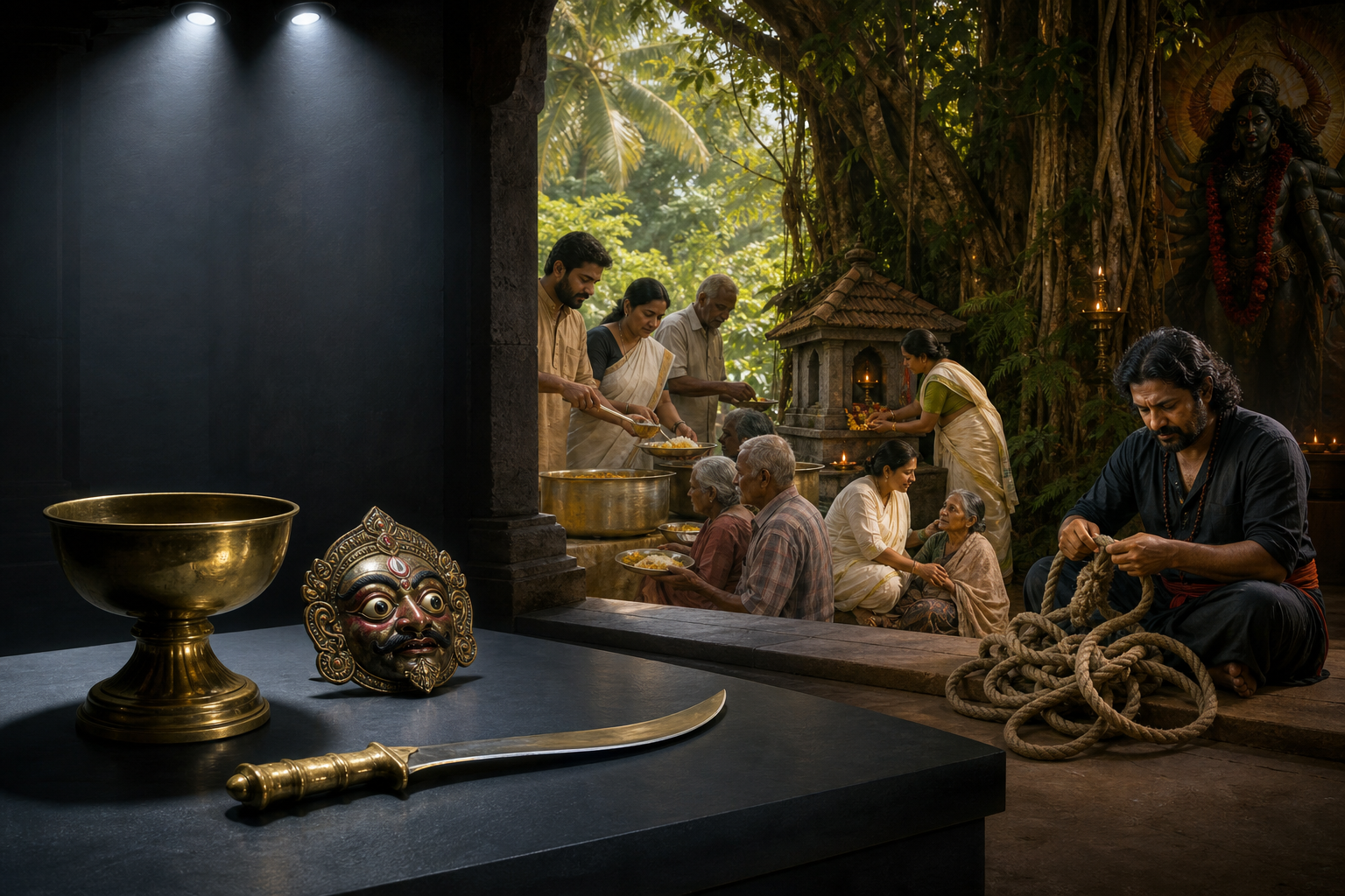 Sacred objects sit on a cold display table while people in a warmly lit background serve food, tend a village shrine, and untangle a rope.