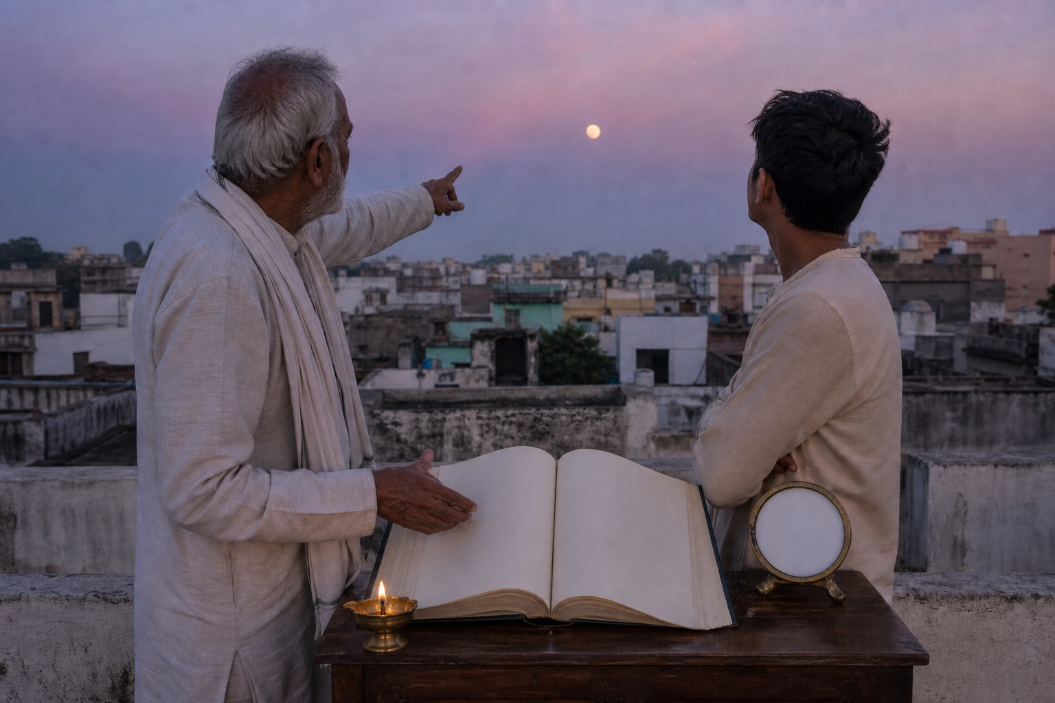 Two people observe a low moon from a rooftop beside a blank almanac, an oil lamp and an unmarked timepiece before sunrise.