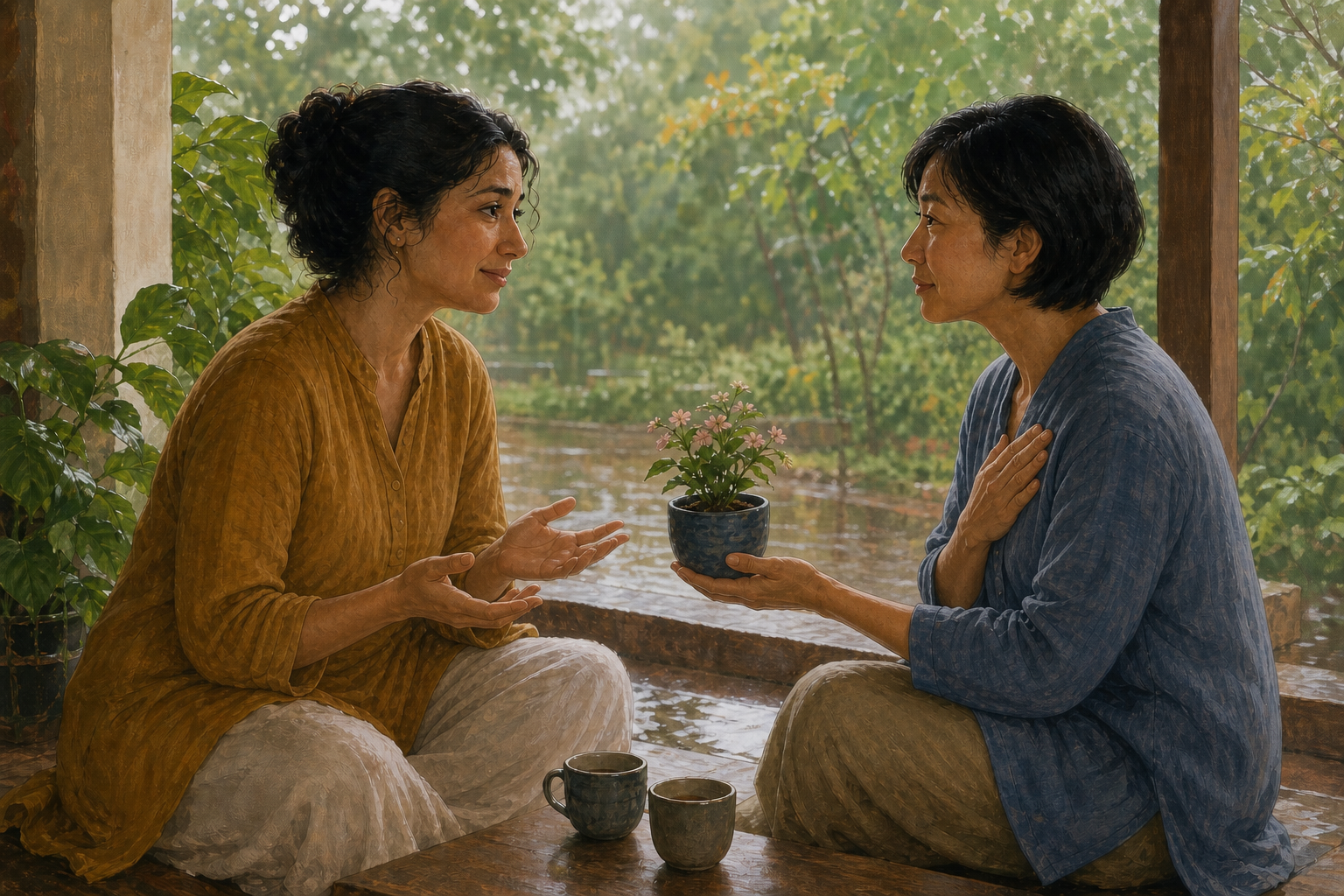 Two friends sit together on a veranda, with one offering the other a small flowering plant during a quiet conversation after rain.