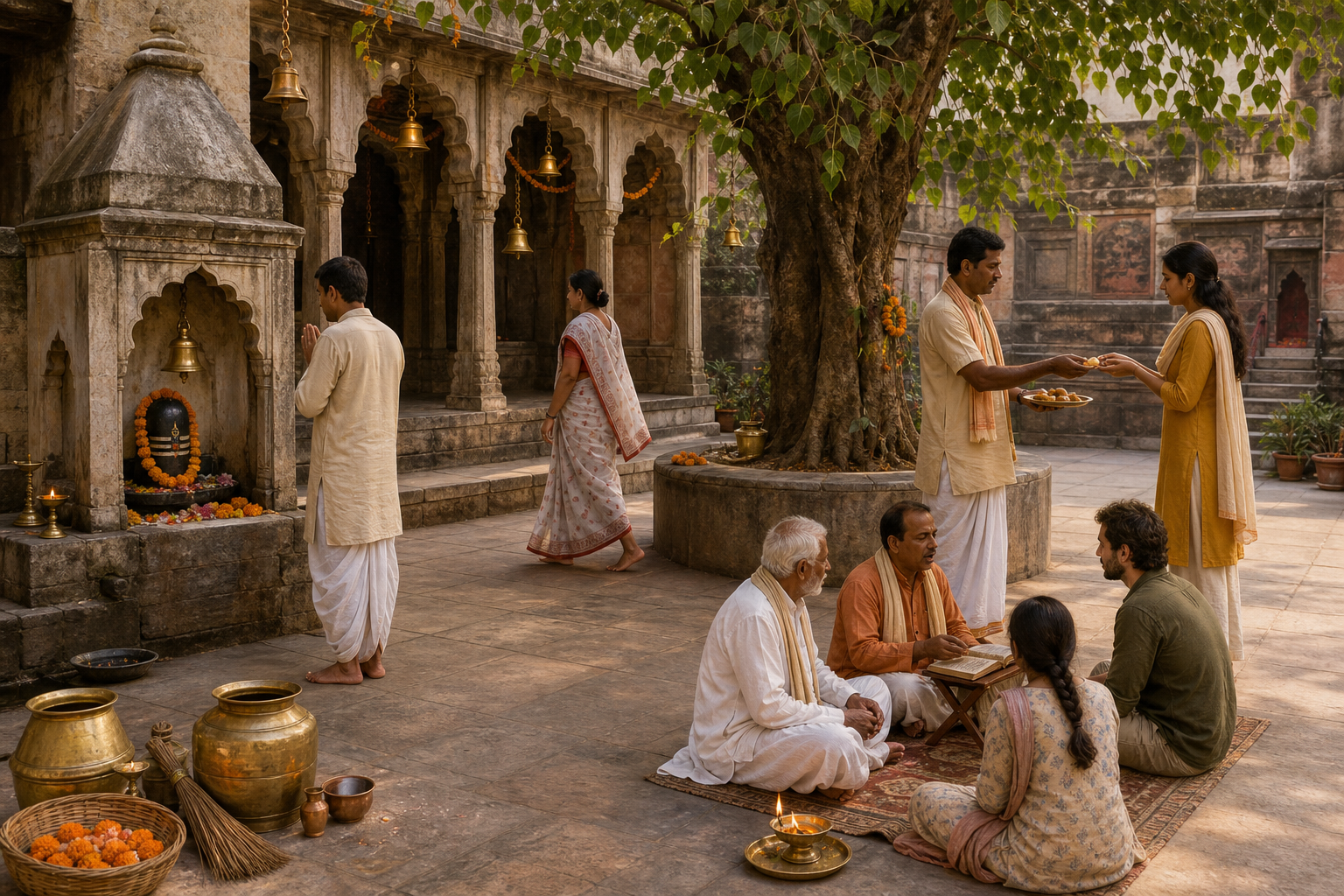 Devotees pray, circumambulate, receive prasad, and listen to recitation in a shaded temple courtyard.