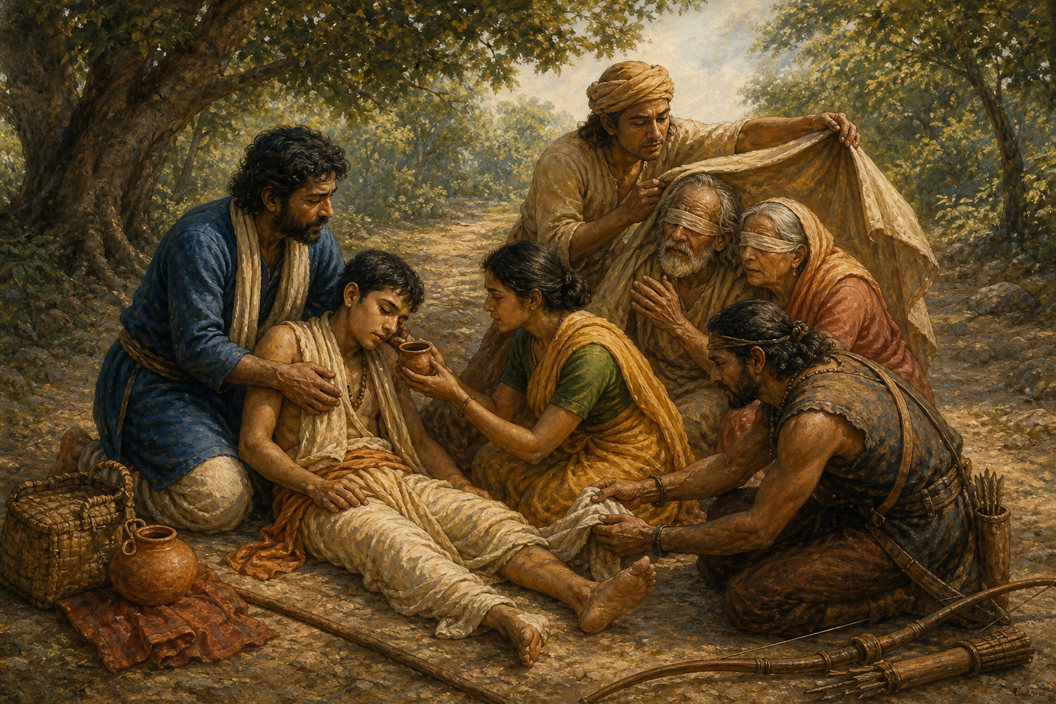 Travelers give water, first aid, shade, and comfort to an injured pilgrim and his blind parents while a remorseful hunter helps nearby.