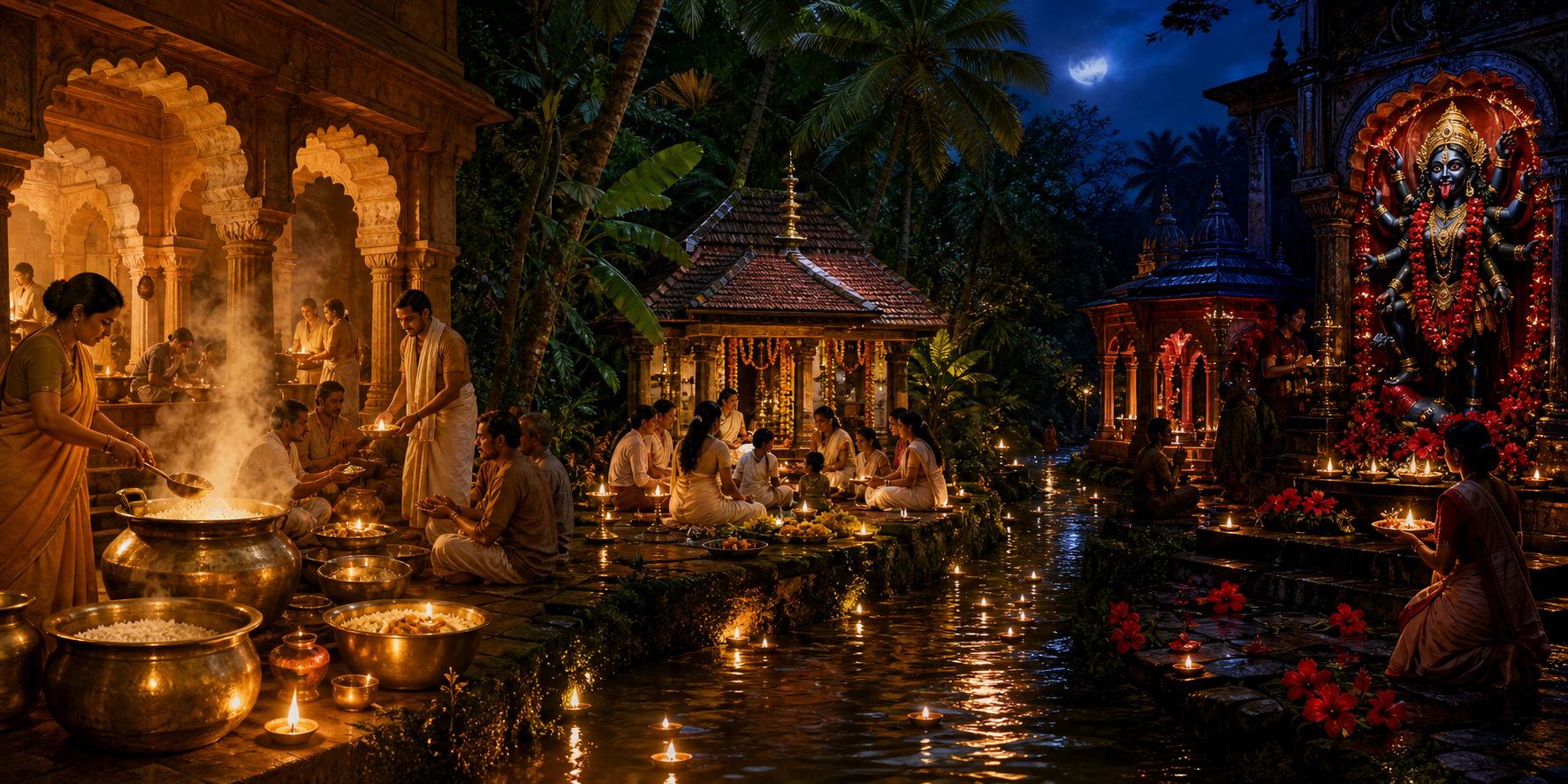 A temple kitchen, a Kerala sacred-grove shrine, and a nighttime Kali courtyard remain distinct while a band of reflected lamplight connects them.