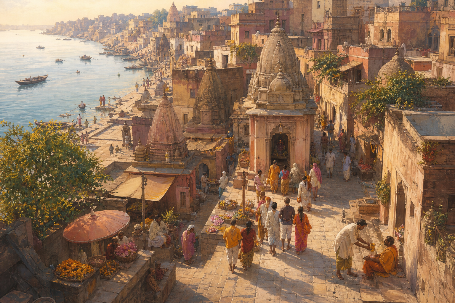 An illustrated high-angle view shows pilgrims moving through clustered shrines, courtyards, lanes, and ghats in Varanasi.
