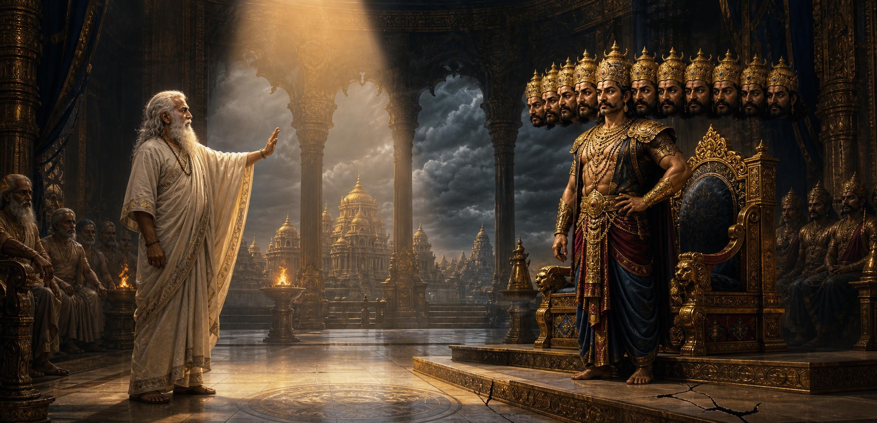 The ascetic teacher Shukracharya raises a warning hand toward ten-headed King Ravana in a golden palace as storm clouds gather over Lanka.