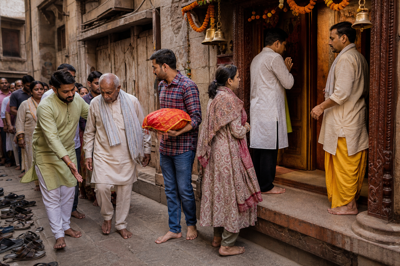 Pilgrims wait calmly and make space for an elderly devotee at a Varanasi temple entrance.