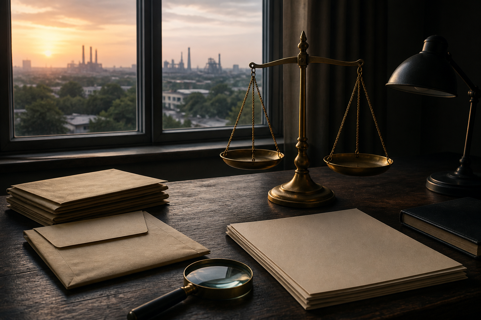 A brass balance scale, sealed evidence envelopes, file folders, and a magnifying glass sit on a desk overlooking an industrial city at dawn.
