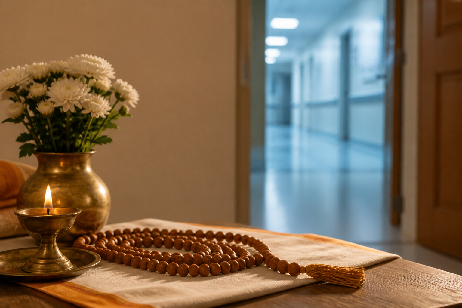 Wooden prayer beads, a brass oil lamp, and white flowers arranged in the foreground with a softly blurred hospital corridor behind them.