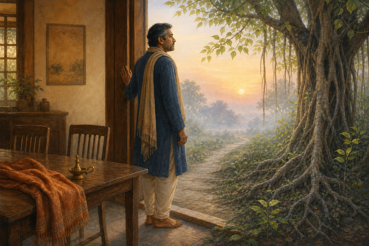 A middle-aged South Asian adult pauses in the doorway of a warm home and looks toward a dawn garden path beneath a rooted banyan tree.