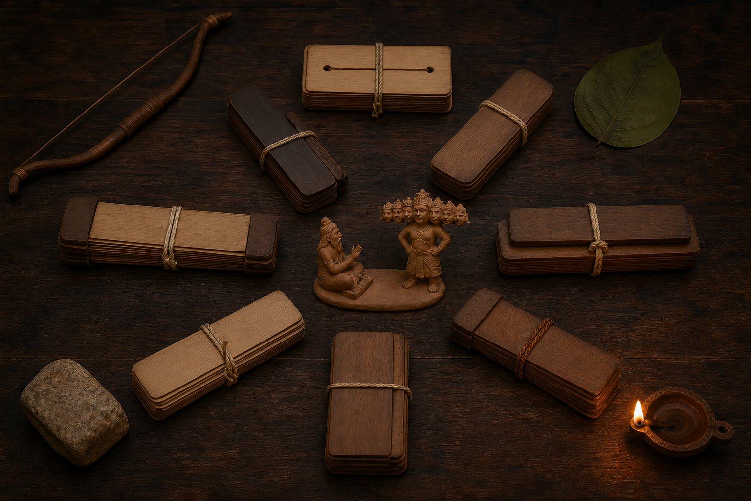 Several blank palm-leaf manuscript bundles surround a small clay scene of a sage confronting a crowned ten-headed ruler, alongside a bow, forest leaf, bridge stone, and oil lamp.