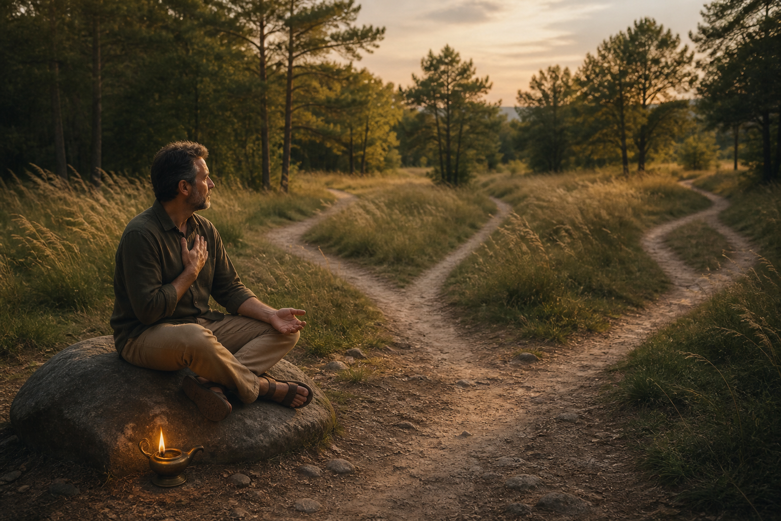 A middle-aged person sits beside a branching woodland path with one hand over the heart and a small glowing oil lamp nearby.