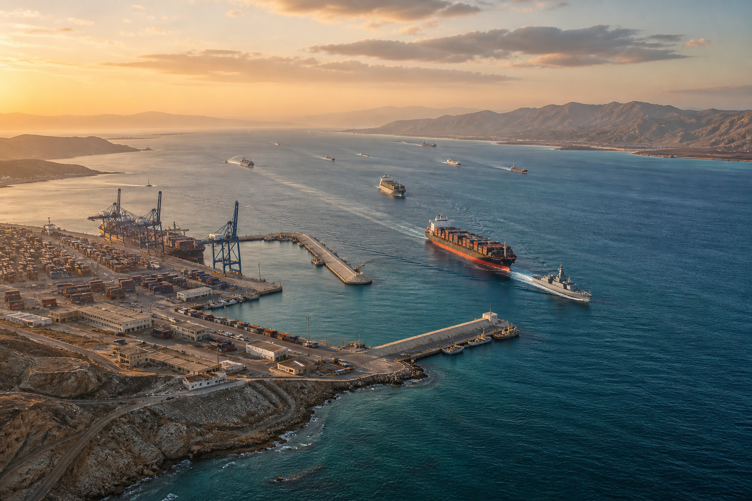 Aerial view of a Somaliland port and merchant ships crossing the Gulf of Aden toward the Bab el-Mandeb strait, with a naval patrol vessel nearby.