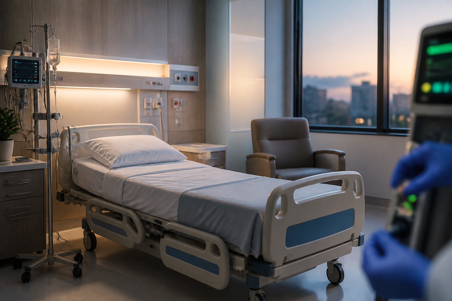 A modern hospital room with a bed, an IV stand, softly glowing monitoring equipment, and a clinician's gloved hands adjusting a control.