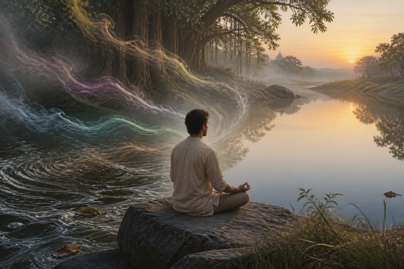 A meditator sits beside a forest pool as seven streams of mist move from turbulent ripples toward clear, still water at sunrise.