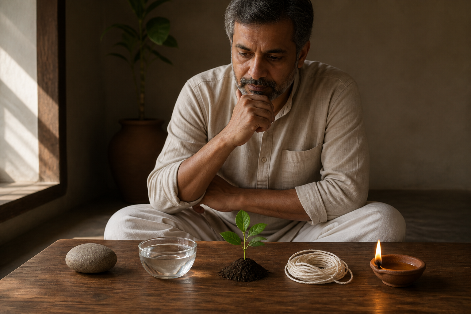 A seated middle-aged person considers five symbolic objects on a wooden surface: a stone, water bowl, seedling, cotton thread, and clay lamp.