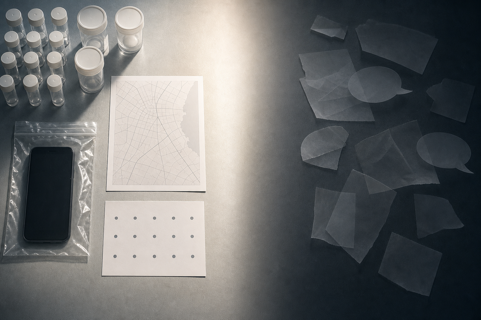 An evidence-review table contrasts organized sealed items in bright light with disconnected paper fragments and abstract speech bubbles in shadow.