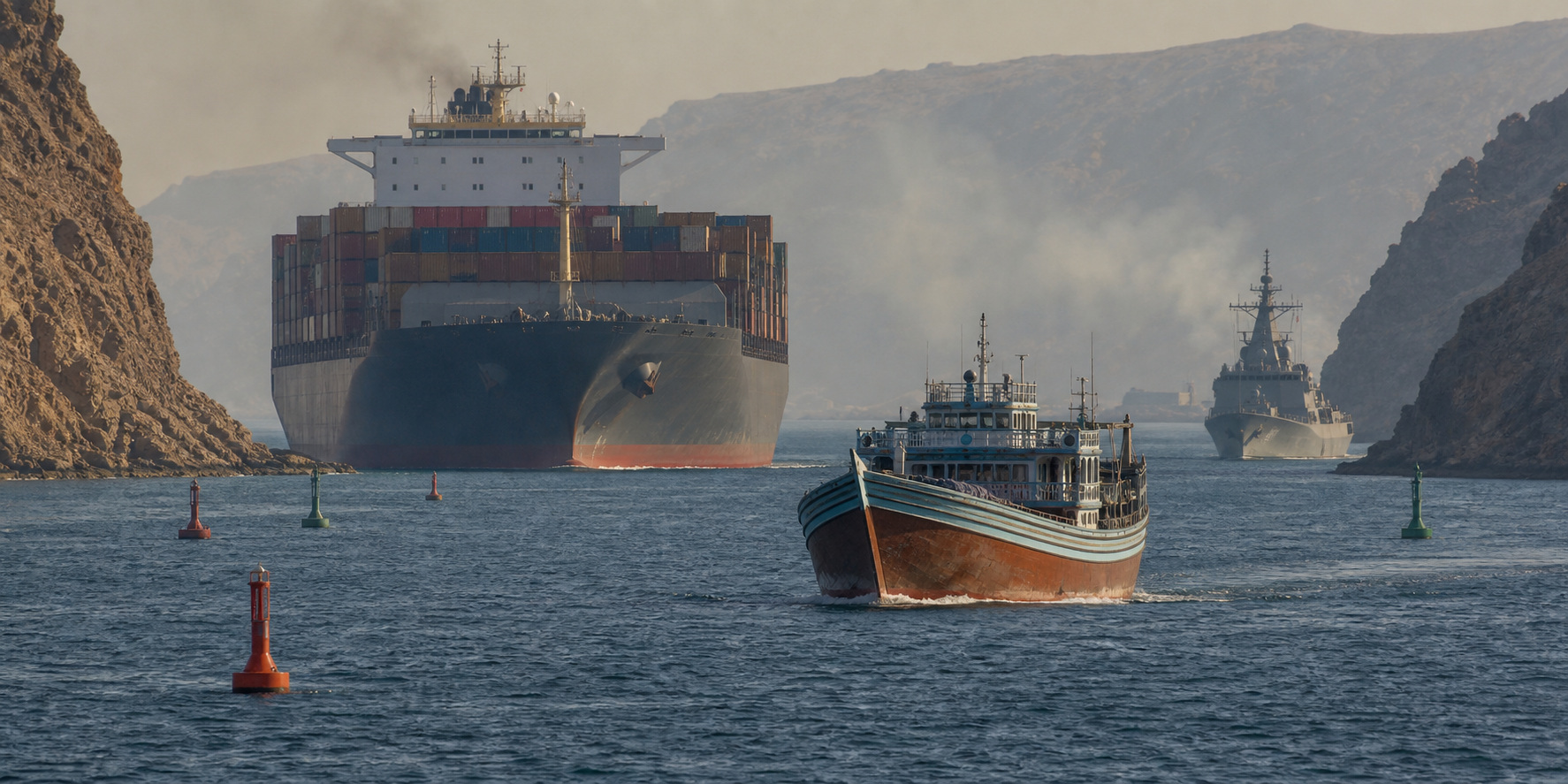 Merchant vessels and a naval escort travel through the narrow, cliff-lined waters near Bab el-Mandeb.