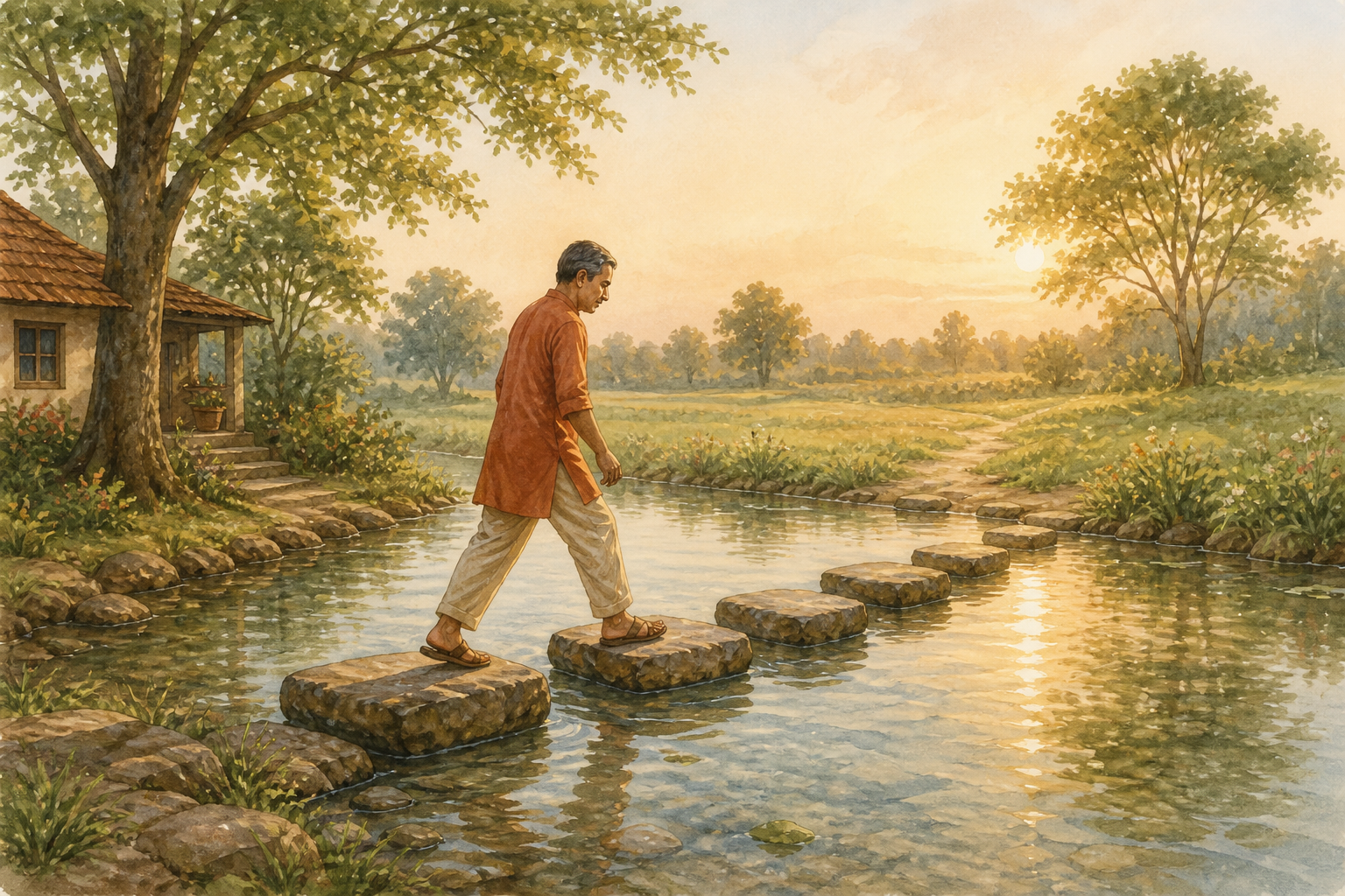 A middle-aged South Asian adult carefully tests the next stepping stone while crossing a shallow stream between a home and an open meadow.