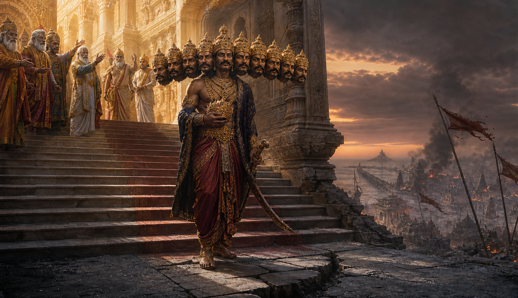 Ravana descends from a bright royal court past ignored counselors and a fractured threshold toward a distant battlefield and burning Lanka.