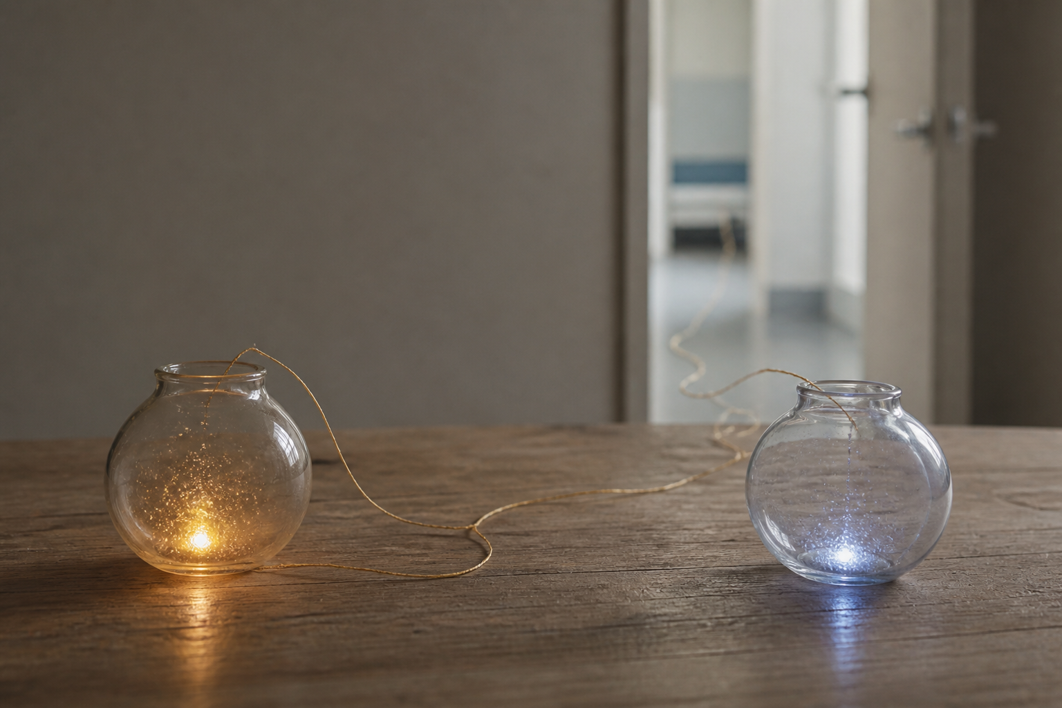 Two translucent glass vessels glowing in warm gold and cool blue, connected by a winding thread on a neutral tabletop.