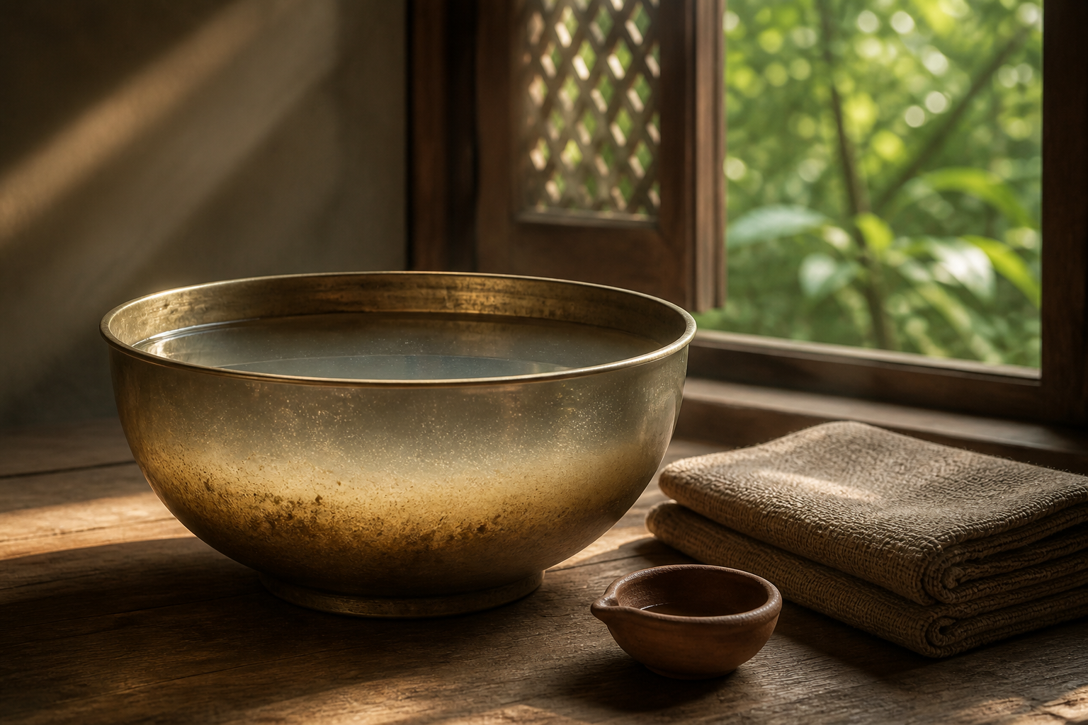 Sediment settles in a brass bowl of water, leaving the upper water clear in a softly lit meditation room.