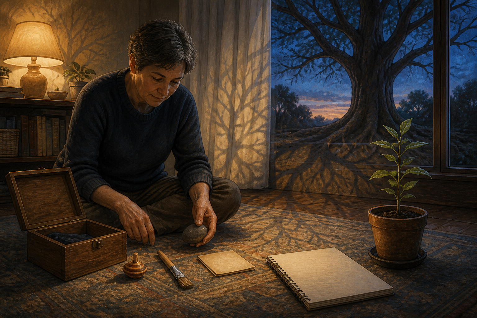A middle-aged adult sits beside an open keepsake box containing childhood objects, with a blank sketchbook and young sapling nearby.